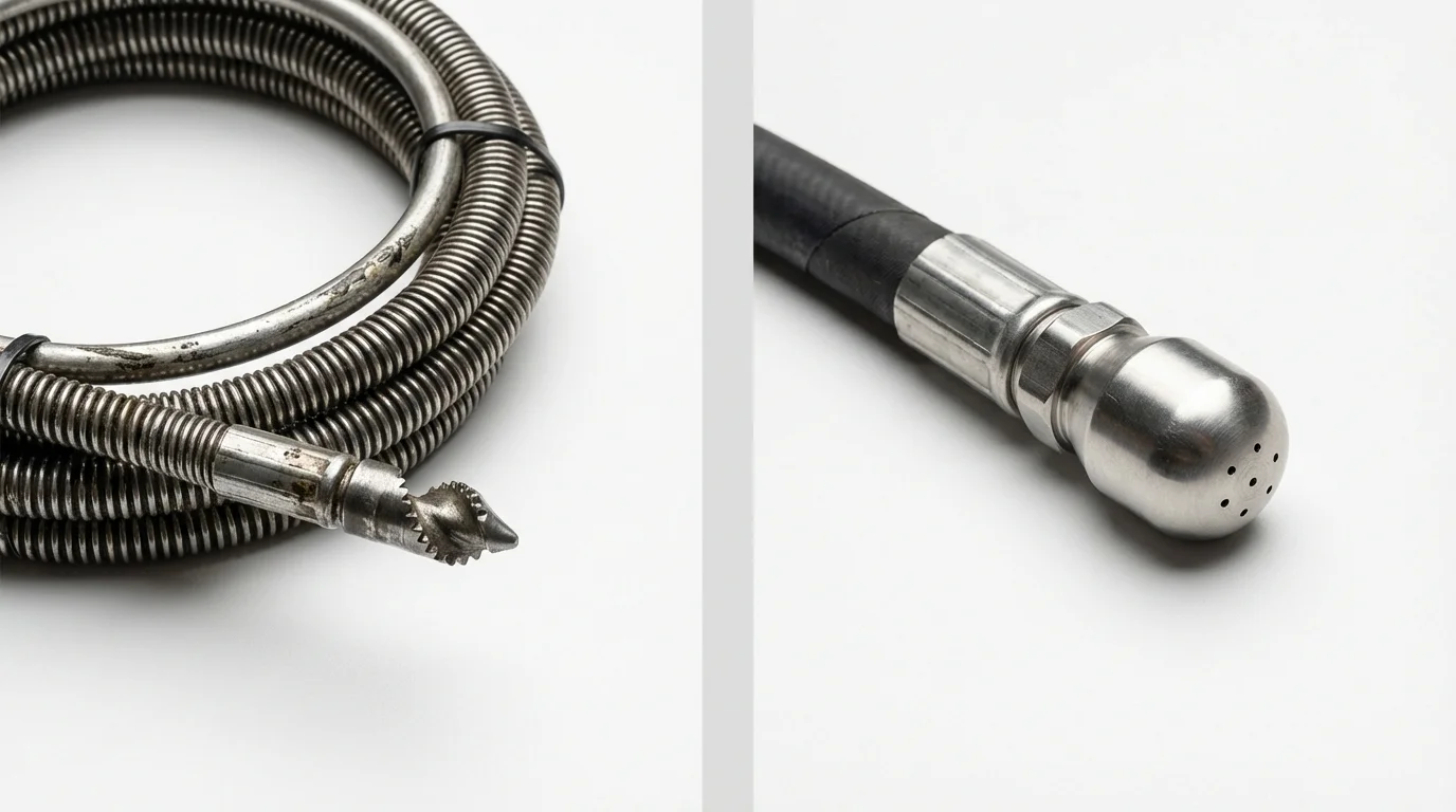 Drain snake cable and hydro jetting nozzle used for drain cleaning in Nashville, IN