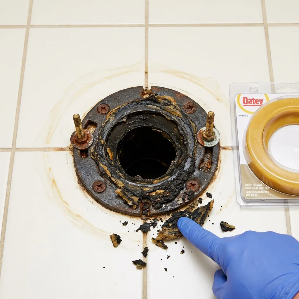 Failed wax ring showing water seepage at the base of a toilet in a Nashville, IN home