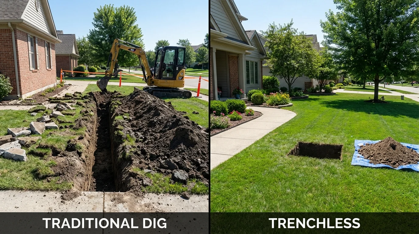 Trenchless sewer repair with minimal yard damage versus traditional excavation in Nashville, IN