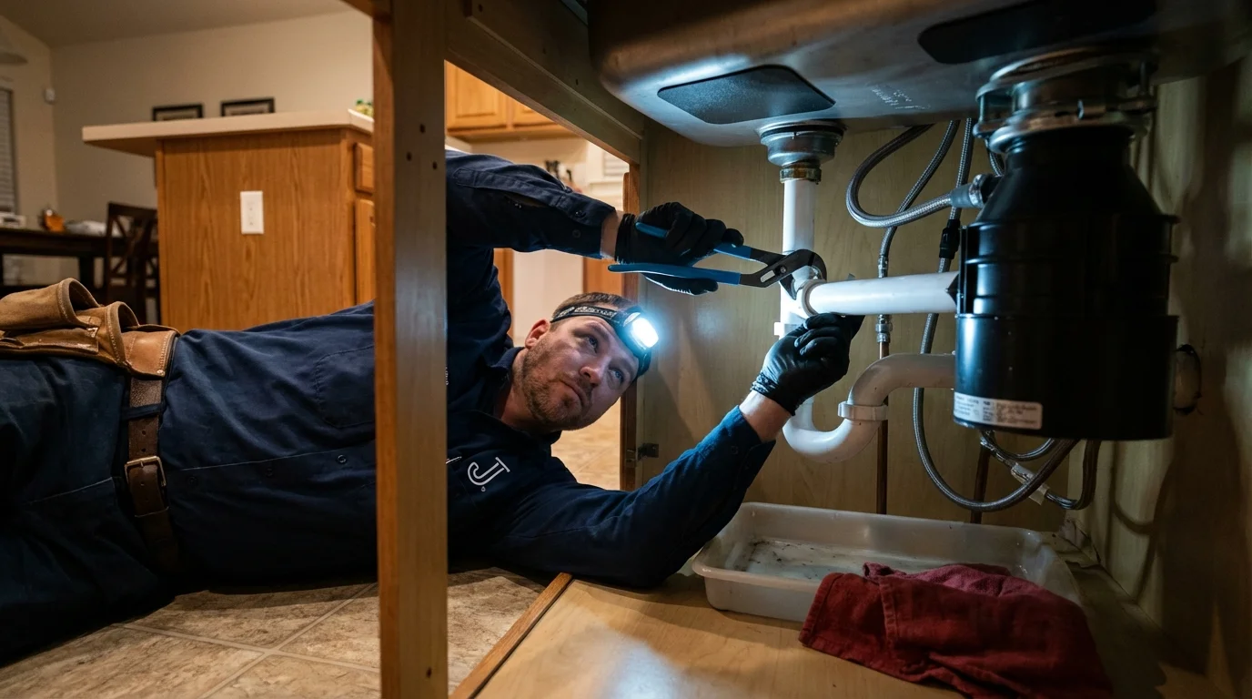 P-trap and supply line connections under a kitchen sink showing a common leak point in Nashville, IN